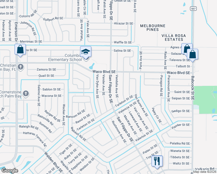 map of restaurants, bars, coffee shops, grocery stores, and more near 710 San Filippo Drive Southeast in Palm Bay