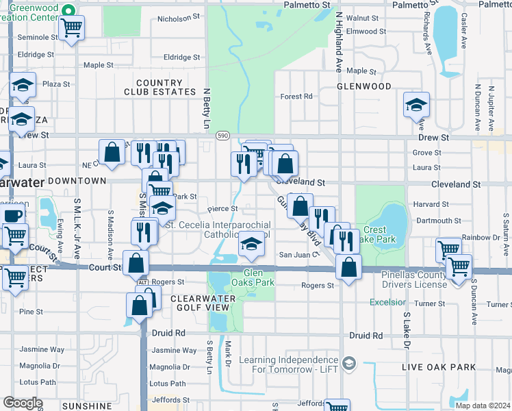 map of restaurants, bars, coffee shops, grocery stores, and more near 116 South Evergreen Avenue in Clearwater
