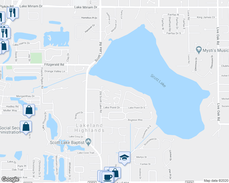 map of restaurants, bars, coffee shops, grocery stores, and more near 20 Loma Verde in Lakeland