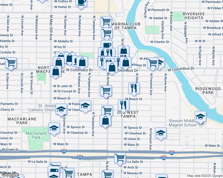 map of restaurants, bars, coffee shops, grocery stores, and more near 2510 West Saint John Street in Tampa