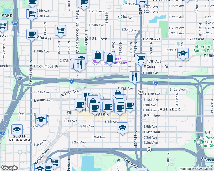 map of restaurants, bars, coffee shops, grocery stores, and more near 1512 East 12th Avenue in Tampa