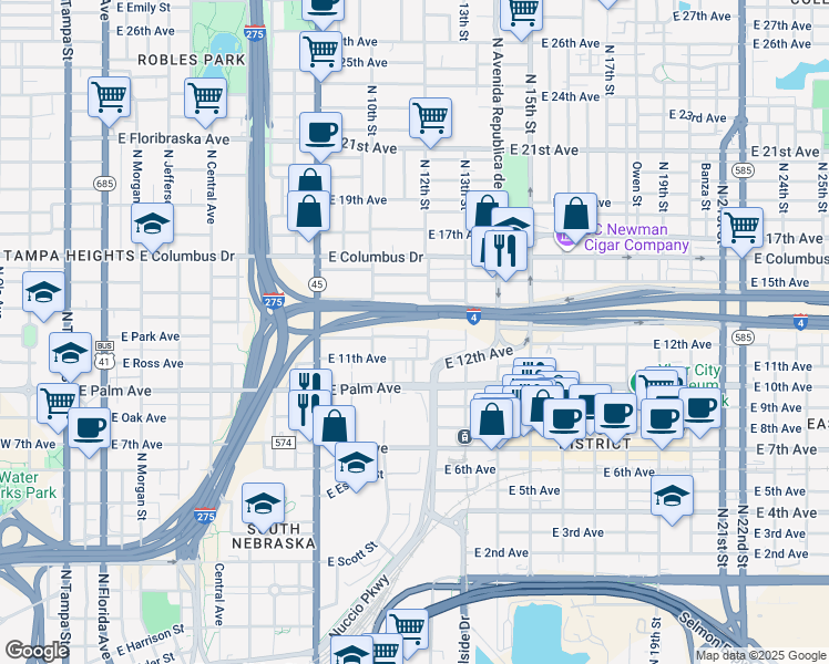 map of restaurants, bars, coffee shops, grocery stores, and more near 1024 East 12th Avenue in Tampa