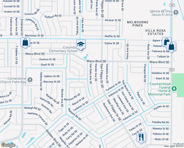map of restaurants, bars, coffee shops, grocery stores, and more near 1381 Van Dyke Avenue Southeast in Palm Bay