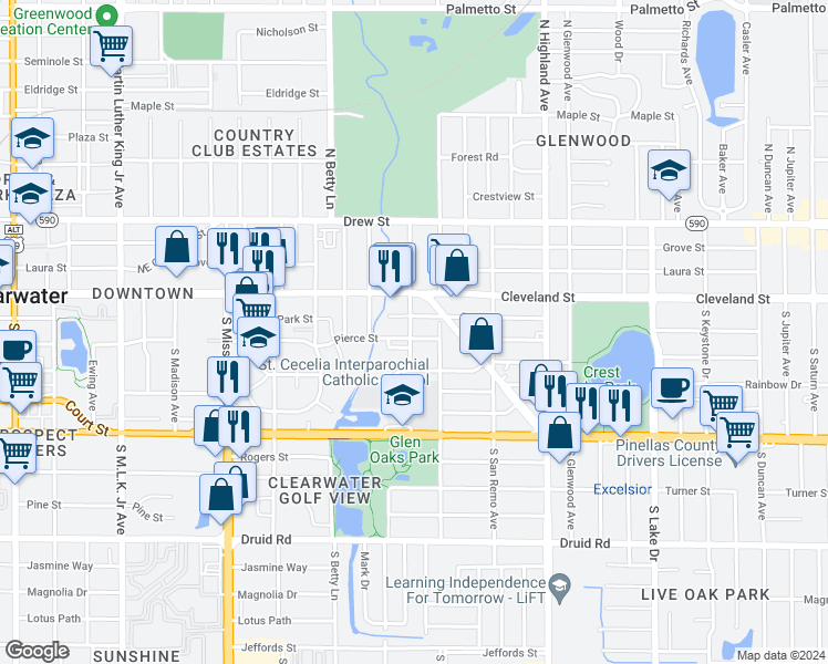 map of restaurants, bars, coffee shops, grocery stores, and more near 101 South Evergreen Avenue in Clearwater