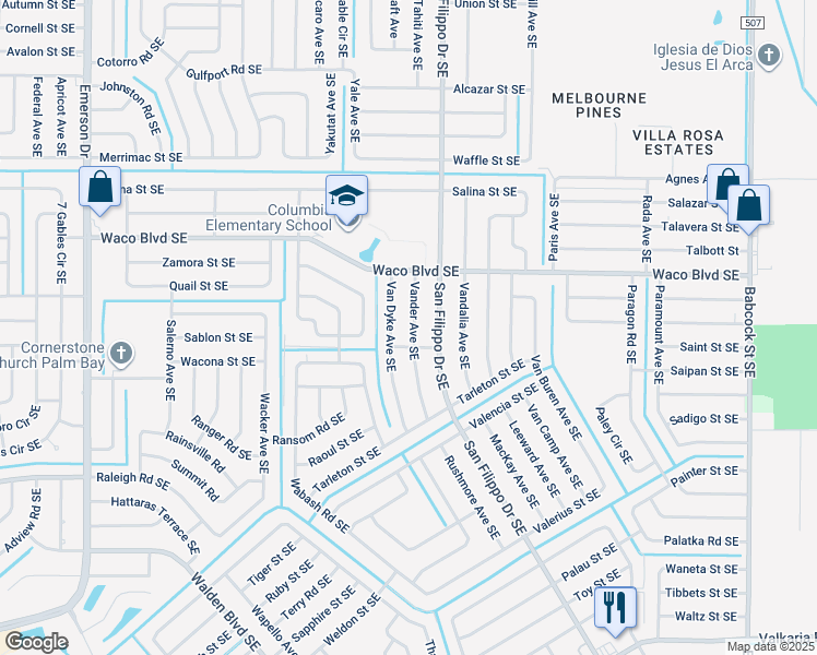 map of restaurants, bars, coffee shops, grocery stores, and more near 1371 Vander Avenue Southeast in Palm Bay
