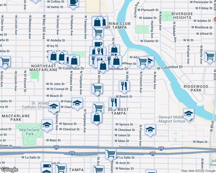map of restaurants, bars, coffee shops, grocery stores, and more near 2313 West Saint John Street in Tampa