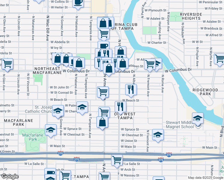 map of restaurants, bars, coffee shops, grocery stores, and more near 2313 West Saint John Street in Tampa