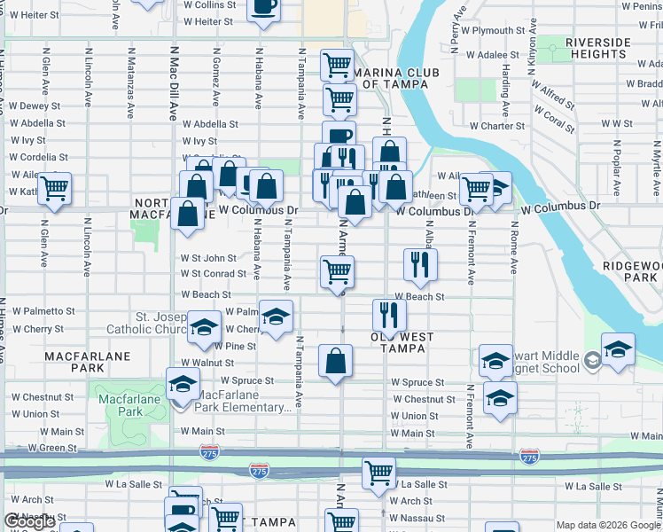 map of restaurants, bars, coffee shops, grocery stores, and more near 2510 West Saint John Street in Tampa