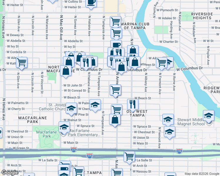 map of restaurants, bars, coffee shops, grocery stores, and more near 2606 West Saint John Street in Tampa