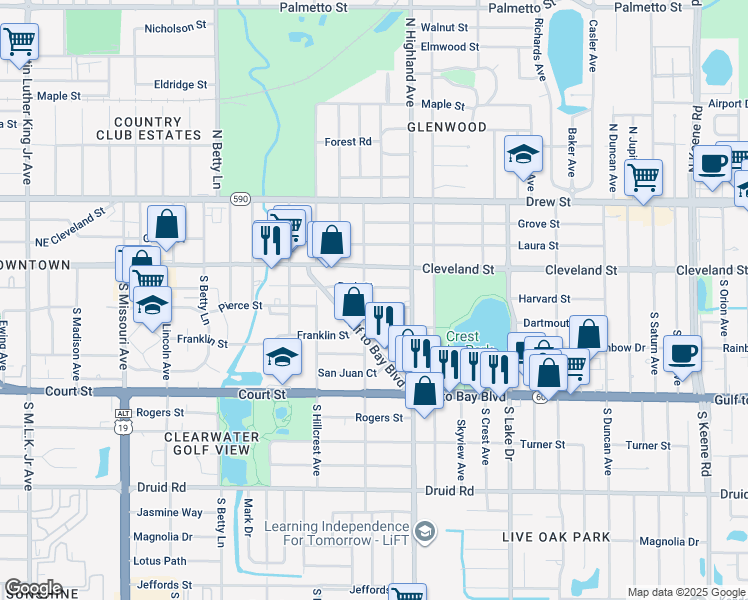 map of restaurants, bars, coffee shops, grocery stores, and more near 1437 Park Street in Clearwater