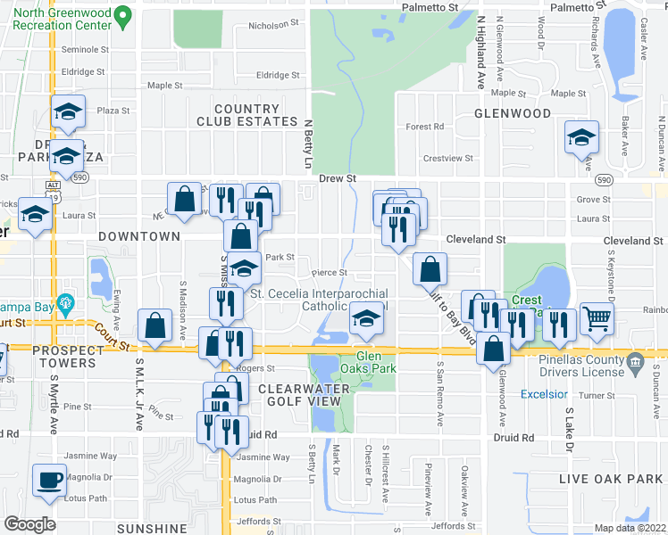 map of restaurants, bars, coffee shops, grocery stores, and more near 1338 Pierce Street in Clearwater