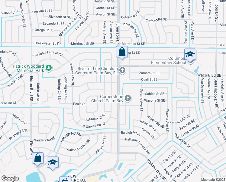 map of restaurants, bars, coffee shops, grocery stores, and more near 2732 Emerson Drive Southeast in Palm Bay
