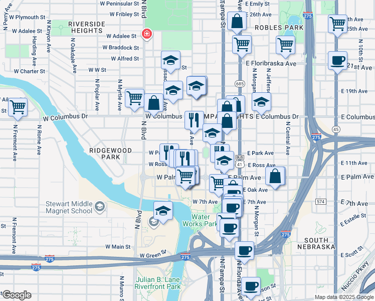 map of restaurants, bars, coffee shops, grocery stores, and more near 303 West Park Avenue in Tampa