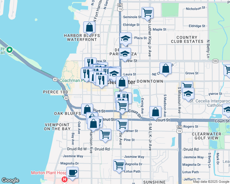 map of restaurants, bars, coffee shops, grocery stores, and more near 100 South Myrtle Avenue in Clearwater
