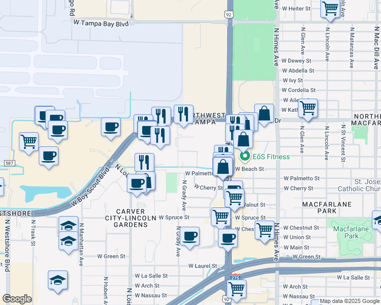 map of restaurants, bars, coffee shops, grocery stores, and more near 2511 North Grady Avenue in Tampa