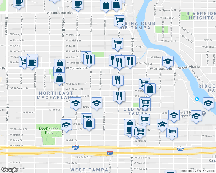 map of restaurants, bars, coffee shops, grocery stores, and more near 2606 West Saint John Street in Tampa
