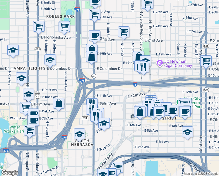 map of restaurants, bars, coffee shops, grocery stores, and more near 1002 East 12th Avenue in Tampa