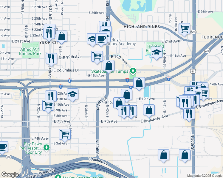 map of restaurants, bars, coffee shops, grocery stores, and more near 4020 East 12th Avenue in Tampa