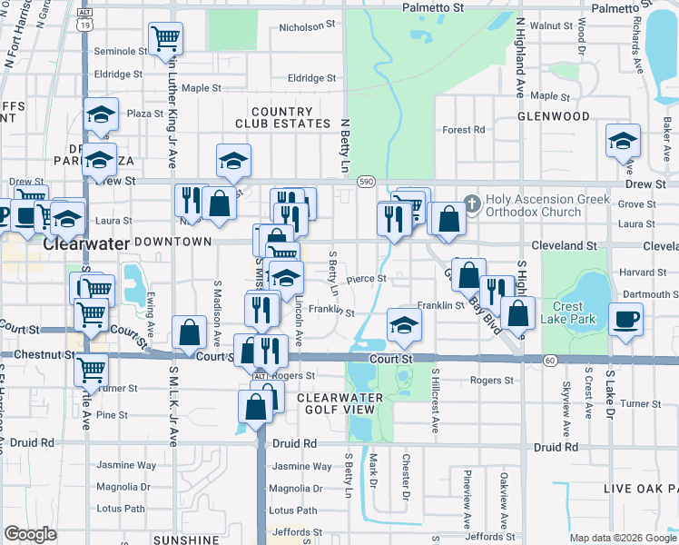 map of restaurants, bars, coffee shops, grocery stores, and more near 100 Waverly Way in Clearwater