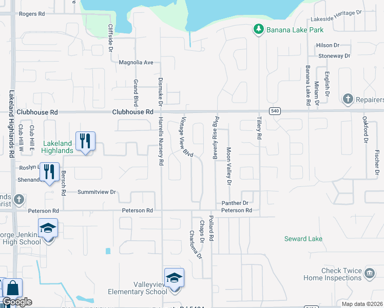 map of restaurants, bars, coffee shops, grocery stores, and more near 5579 Vintage View Boulevard in Lakeland