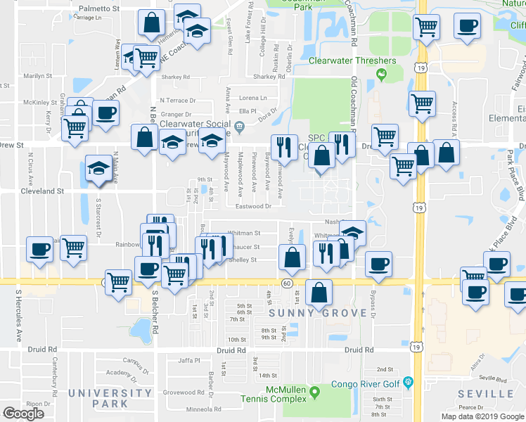 map of restaurants, bars, coffee shops, grocery stores, and more near 2359 Eastwood Drive in Clearwater