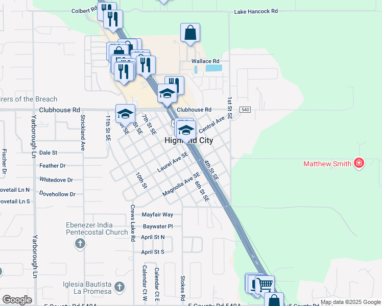 map of restaurants, bars, coffee shops, grocery stores, and more near 5503 Bartow Road in Lakeland