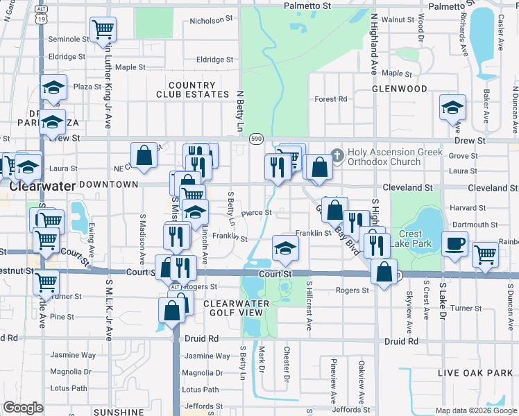 map of restaurants, bars, coffee shops, grocery stores, and more near 1320 Pierce Street in Clearwater