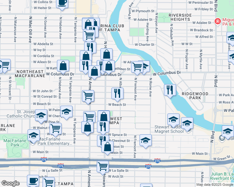 map of restaurants, bars, coffee shops, grocery stores, and more near 2110 West Saint John Street in Tampa