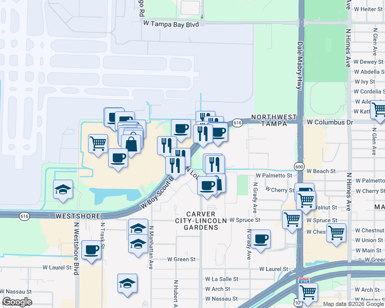 map of restaurants, bars, coffee shops, grocery stores, and more near 4211 West Boy Scout Boulevard in Tampa
