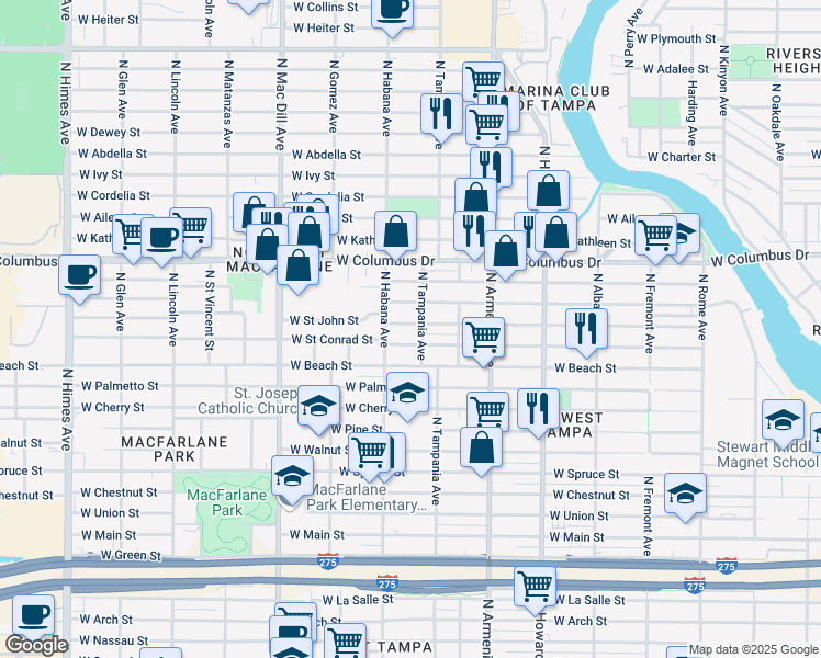 map of restaurants, bars, coffee shops, grocery stores, and more near 2706 West Saint John Street in Tampa