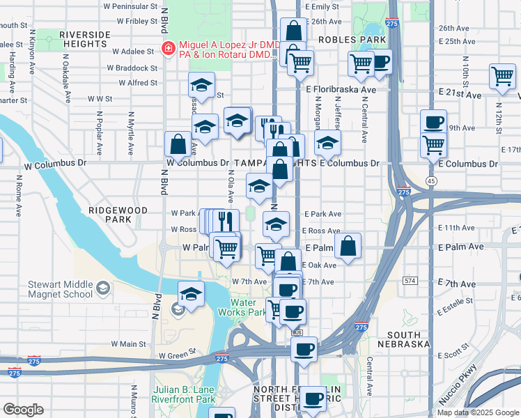 map of restaurants, bars, coffee shops, grocery stores, and more near 2222 North Tampa Street in Tampa
