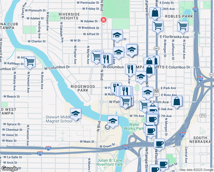 map of restaurants, bars, coffee shops, grocery stores, and more near 413 West Park Avenue in Tampa