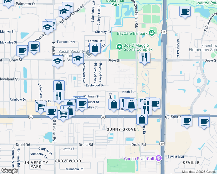 map of restaurants, bars, coffee shops, grocery stores, and more near 2399 Eastwood Drive in Clearwater