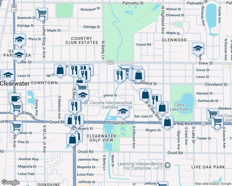 map of restaurants, bars, coffee shops, grocery stores, and more near 1338 Pierce Street in Clearwater