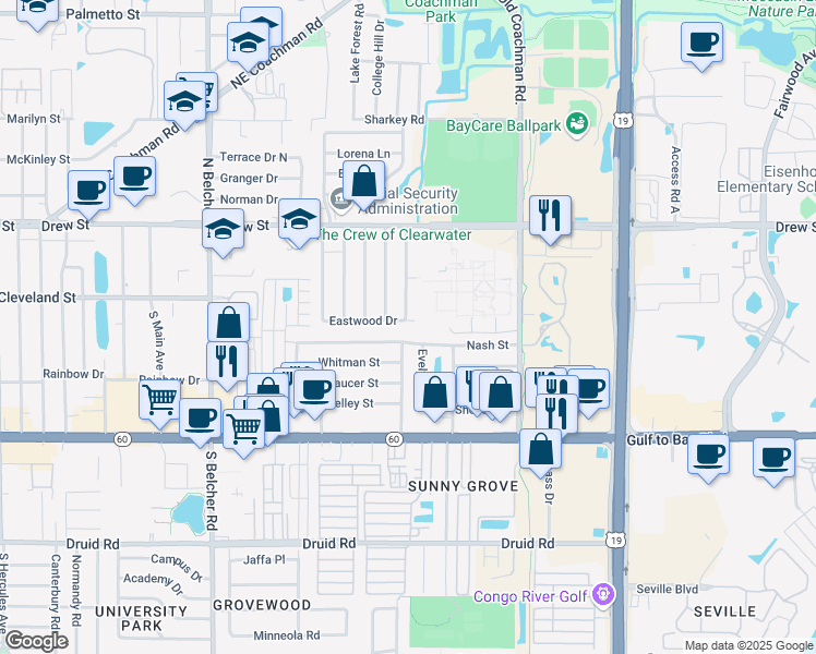map of restaurants, bars, coffee shops, grocery stores, and more near 2391 Eastwood Drive in Clearwater