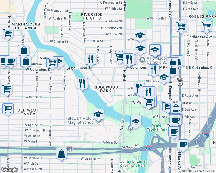 map of restaurants, bars, coffee shops, grocery stores, and more near in Tampa