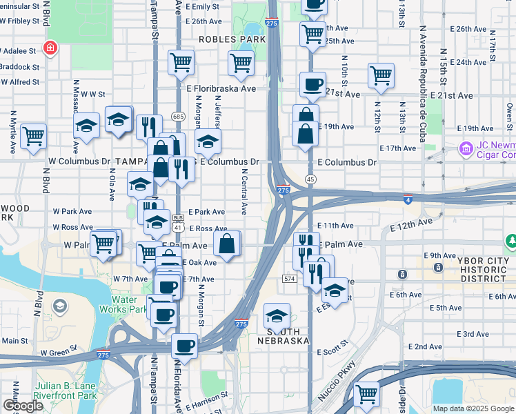 map of restaurants, bars, coffee shops, grocery stores, and more near 503 East Frances Avenue in Tampa