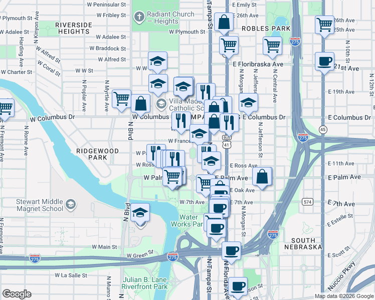 map of restaurants, bars, coffee shops, grocery stores, and more near 2309 North Highland Avenue in Tampa