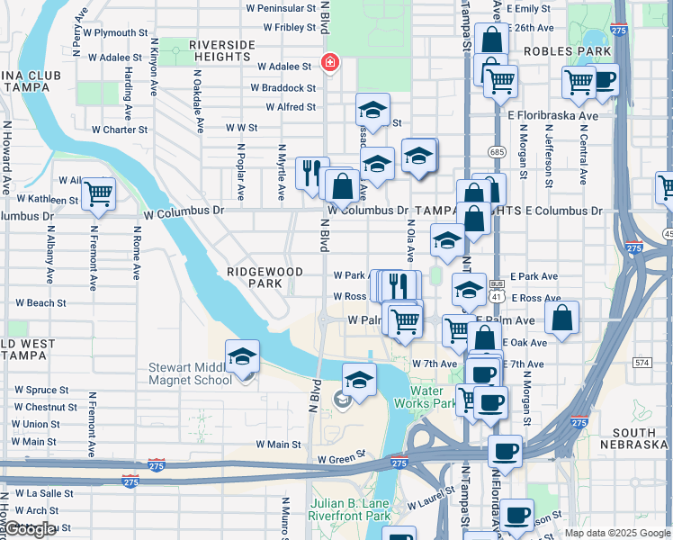 map of restaurants, bars, coffee shops, grocery stores, and more near 413 West Park Avenue in Tampa