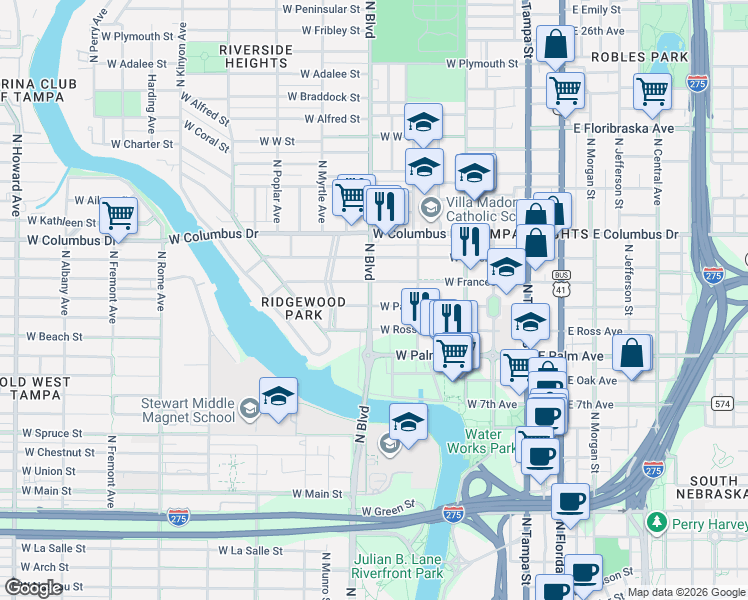 map of restaurants, bars, coffee shops, grocery stores, and more near 413 West Park Avenue in Tampa