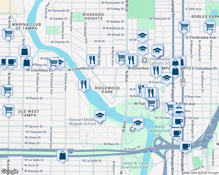 map of restaurants, bars, coffee shops, grocery stores, and more near in Tampa