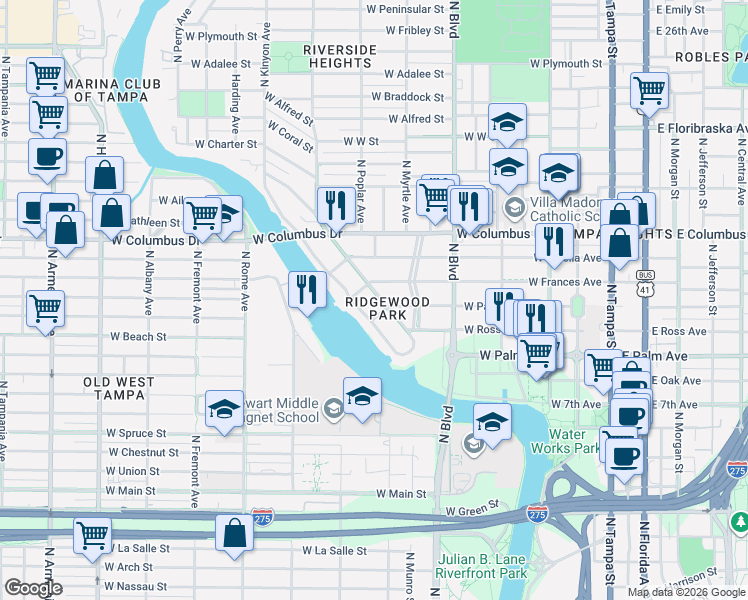 map of restaurants, bars, coffee shops, grocery stores, and more near 2314 North Ridgewood Avenue in Tampa