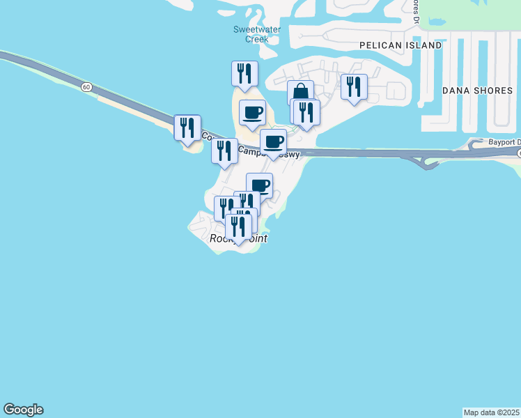 map of restaurants, bars, coffee shops, grocery stores, and more near 2701 North Rocky Point Drive in Tampa