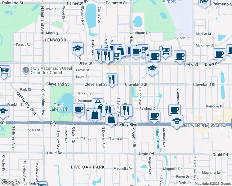 map of restaurants, bars, coffee shops, grocery stores, and more near 17 South Jupiter Avenue in Clearwater