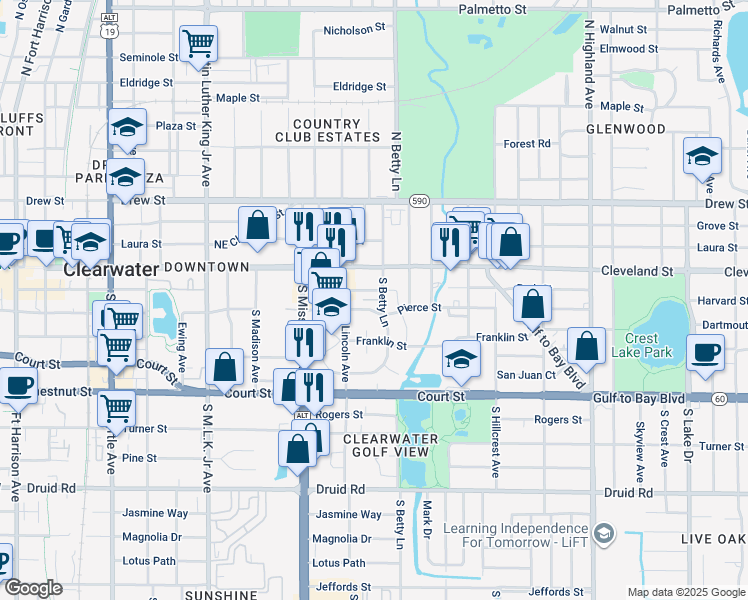 map of restaurants, bars, coffee shops, grocery stores, and more near 1261 Park Street in Clearwater