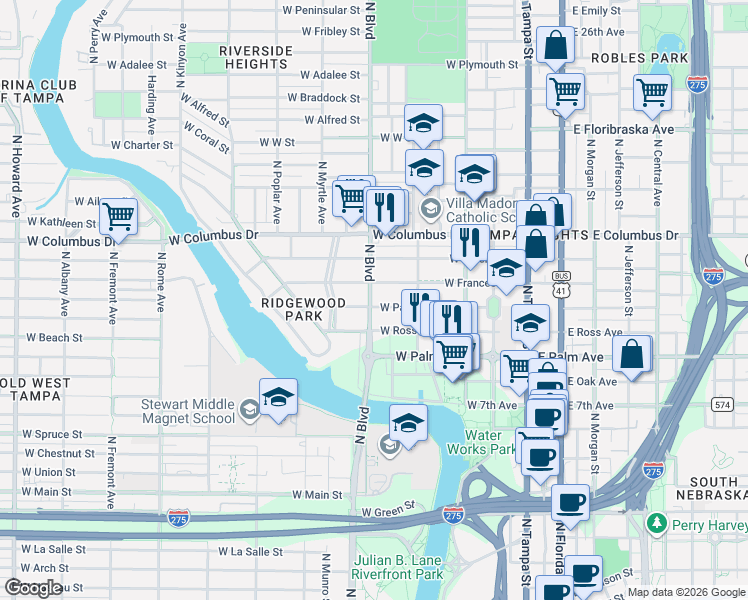 map of restaurants, bars, coffee shops, grocery stores, and more near 413 West Park Avenue in Tampa