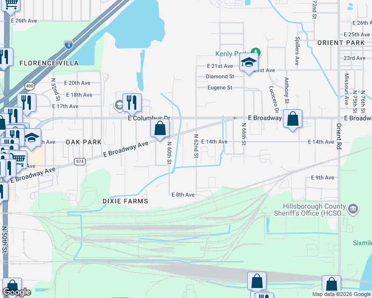 map of restaurants, bars, coffee shops, grocery stores, and more near 2019 North 61st Street in Tampa