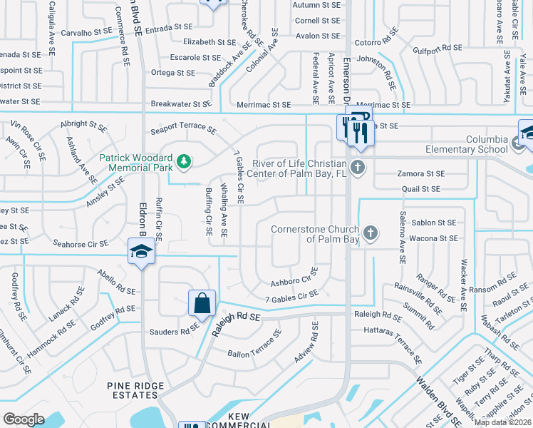 map of restaurants, bars, coffee shops, grocery stores, and more near 1580 Ashboro Circle Southeast in Palm Bay