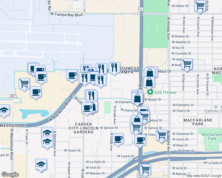 map of restaurants, bars, coffee shops, grocery stores, and more near 2529 North Grady Avenue in Tampa