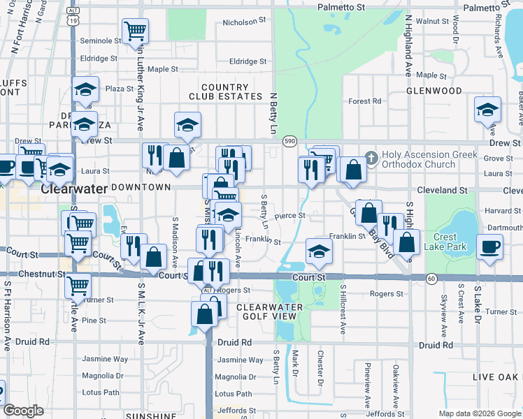 map of restaurants, bars, coffee shops, grocery stores, and more near 1261 Park Street in Clearwater